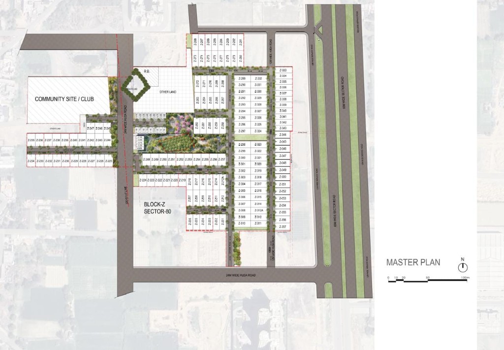 Master plan of Wa Vana, Block Z, Sector 80, Faridabad, with the community site, plotted blocks, and sector roads